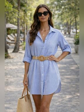 Blue Stripe Cotton Tunic Shirt Dress | Beach Cover-Up Option |Oversized